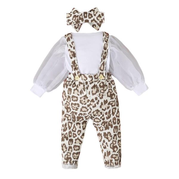 

clothing sets autumn kids girls outfits clothes long mesh puff sleeve solid color + leopard suspender pants headband, White