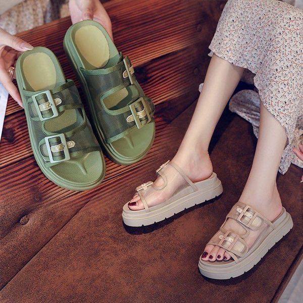 

slippers sandals and female summer 2021 muffin thick bottom beach shoes net infrared wear fashion increase t, Black