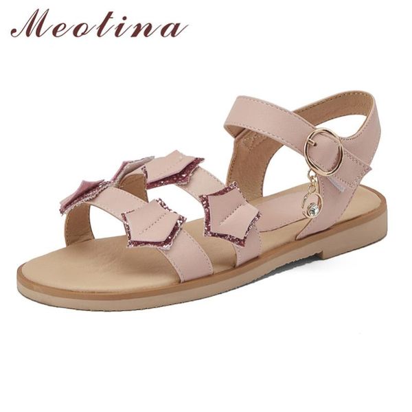 

meotina sandals women bling flat shoes round toe buckle ladies footwear summer sweet female black white pink size 33-39