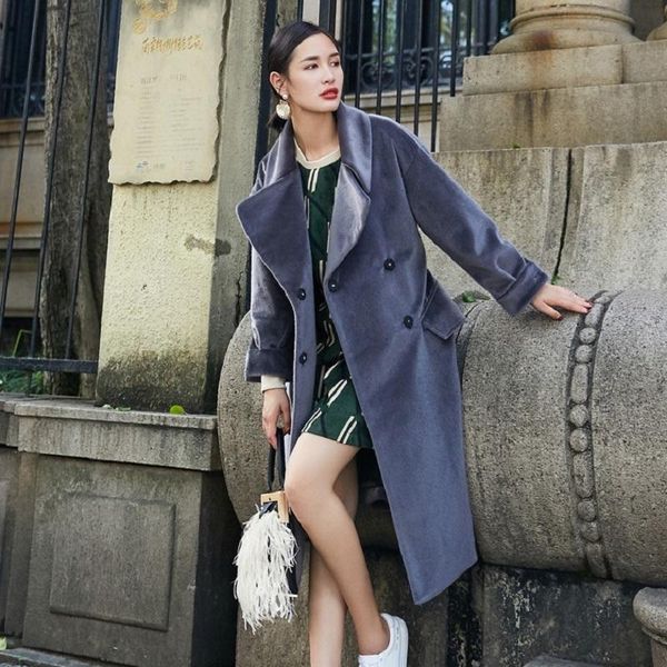 

women's trench coats asymsay style winter big turn-down collar long sleeves waist bandage coat windbreaker velvet overcoat ac5899, Tan;black