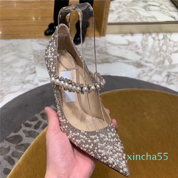 

fashion classic pointed toe pumps pearl rhinestone high heels calf leather pearl crystal wedding shoes size 34-40, Black