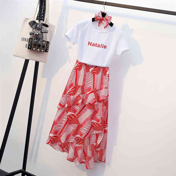 

summer women's letter short sleeves t-shirt + ruffles skirts 2 pcs sets female fashion suits a2367 210428, White