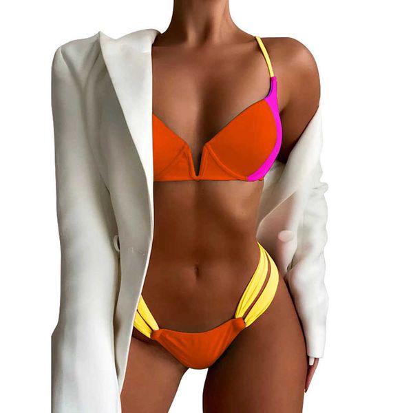 Costume da bagno bikini push-up a blocchi di colore Costume da bagno femminile scava fuori a vita bassa Costume da bagno sexy con ferretto Biquini 210604