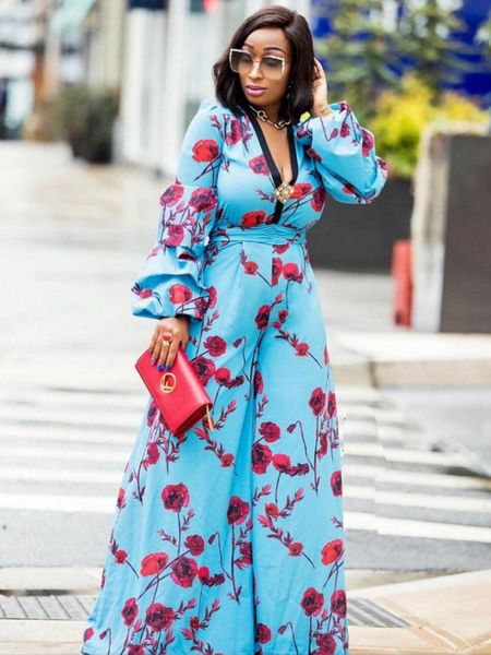 

ethnic clothing african clothes for women autumn print deep v-neck long sleeves elegant big bell-bottomed jumpsuit length morden casual, Red
