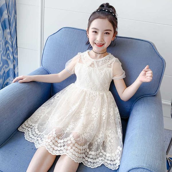 Kinder Mädchen Spitzenkleid für Sommer Lolita Kinder Prinzessin Kostüm Freizeitkleidung Kleidung Solide Stickerei Sommerkleid 210529