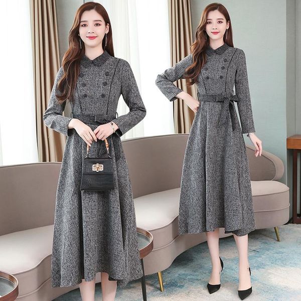 

casual dresses women vintage female solid midi autumn winter -2xl plus size gray long sleeve elegant party dress, Black;gray