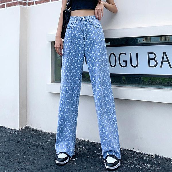 

women's jeans fashion printed woman streetwear high waist wide leg for women plus size denim pants trousers jean femme, Blue