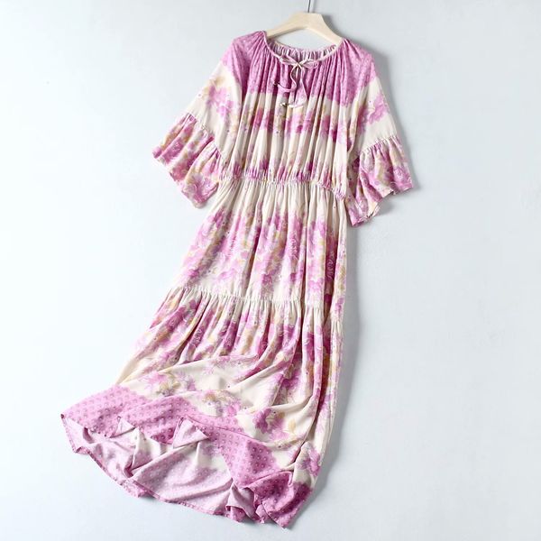 

casual dresses women summer v neck vintage floral print petal sleeve ladies long vestidos bohemian beach holiday loose midi e, Black;gray