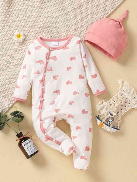 

baby heart print contrast binding jumpsuit with hat she, Blue