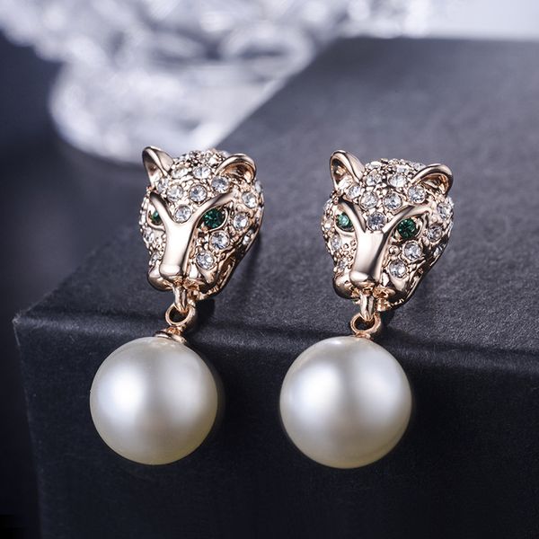 

exquisite personality full diamond leopard pearl earrings, Golden;silver