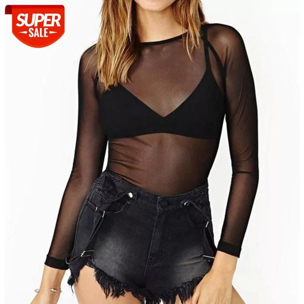 

new 2021 spring summer womens long sleeve black mesh t shirts transparent punk club streetwear tees beach #lh9o, White