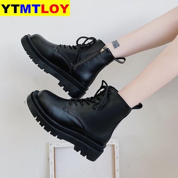 

boots women's autumn booties ladies round toe fashion womens shoes 2021 heel lace up boots-women riding punk zip cross-tied, Black