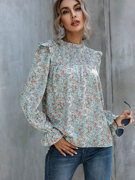 

ditsy floral flounce sleeve shirred yoke blouse y8vi#, White