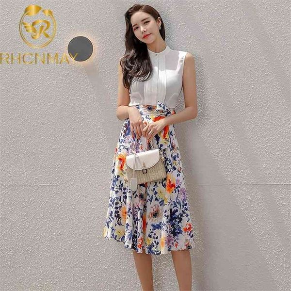 

women summer 2 pieces suits white sleeveless shirts and lace-up print skirts ol casual work wear set 210520