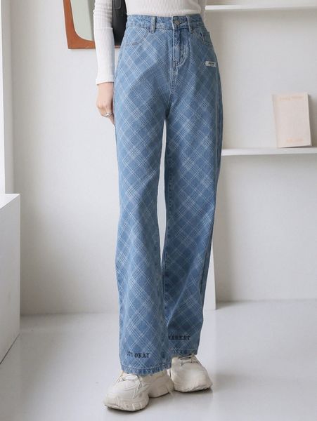 

dazy plaid print patch detail jeans n3tm#, Blue