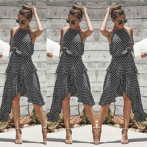 

vintage women polka dot dresses summer ruffles halter irregular lace up dress sleeveless dresses for female vestidos 210325, Black;gray