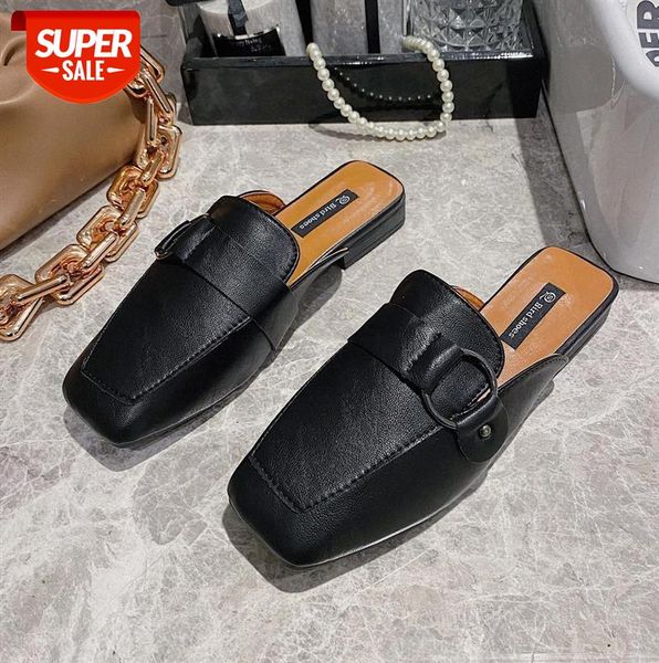 

muller shoes women baotou half slippers metal round buckle square toe ladies korean version #ro2k, Black