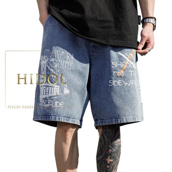

shorts denim jeans men water wash blue/black hip hop pants harem pattern letter hiphop trousers elastic waist brand ins men's