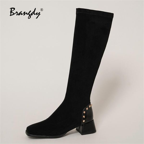 

boots brangdy comcise women knee high microfiber wedges shoes square toe splicing winter rivet heels, Black