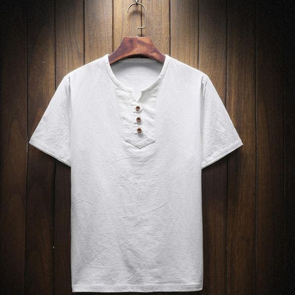 

men's t-shirts hzirip t shirt 2021 summer japanese linen button solid thin bottoming men short-sleeved pullover, White;black