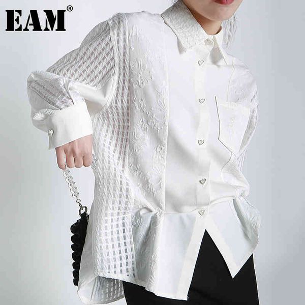

[eam] women white big size lace plaid blouse lapel long sleeve loose fit shirt fashion spring autumn 1dd6001 21512