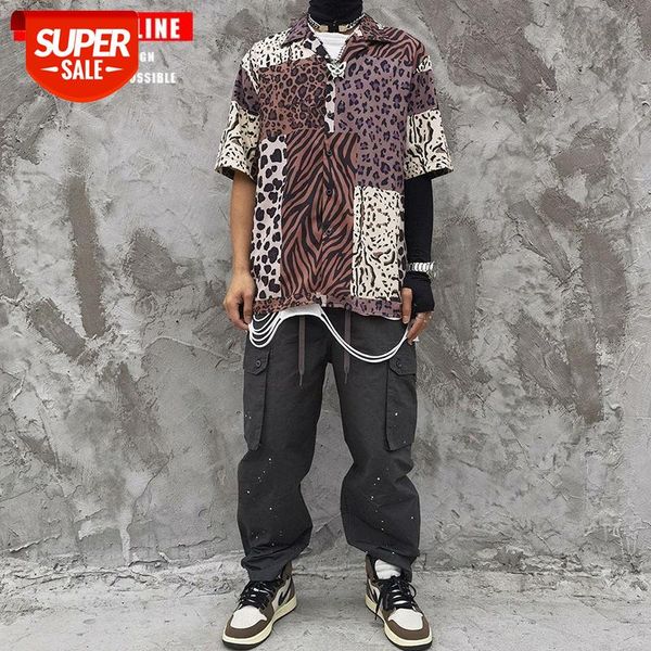 

tkpa harajuku retro leopard print stitching full-print short-sleeved shirt casual loose hip-hop half-sleeved #sc2j, White;black