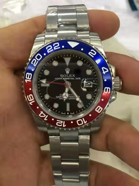 

with original box new style mens red blue bezel automatic watch men's calendar full steel gmt batman watches men sapphire 126710 busine, Slivery;brown