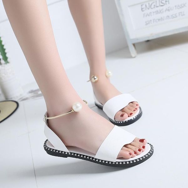 

sandals large size 35-43 2021 summer women's flats flat heels concise peral shoes for woman beach leisure walking, Black