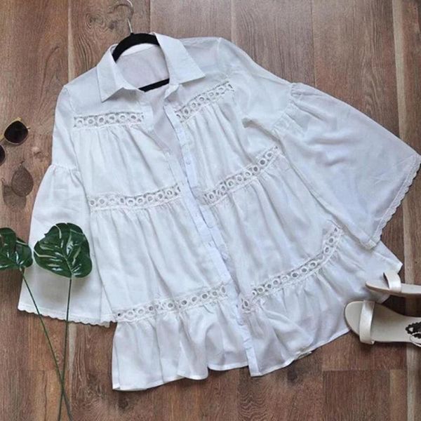 

women's blouses & shirts summer white knit hollow blouse flare sleeve beach vacation sun protection wears