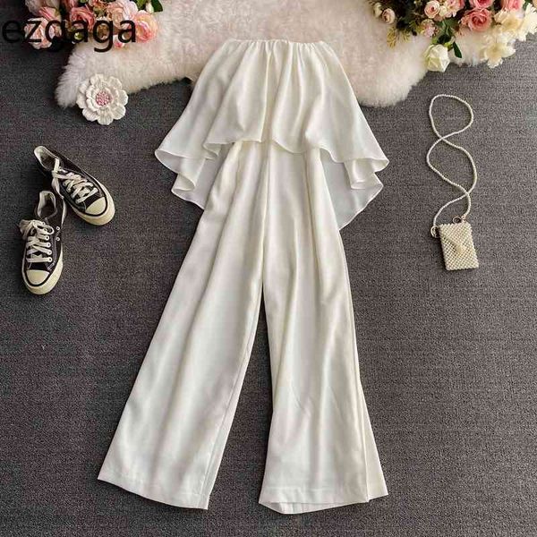 

ezgaga rompers womens jumpsuit white strapless elegant high waist wide leg solid beach holiday ladies one piece jumpsuit 210430, Black;white