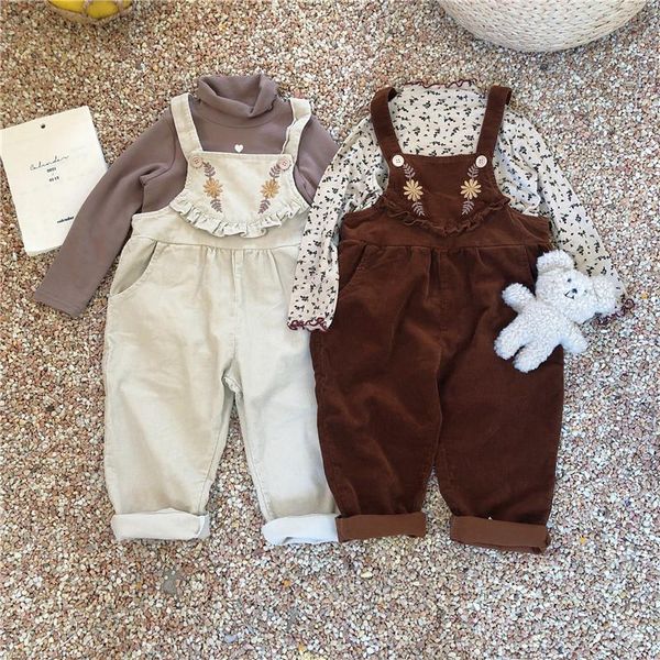 

jumpsuits floral embroidery girls strap pants autumn winter warm corduroy infant kids bodysuit for toddler clothing, Blue