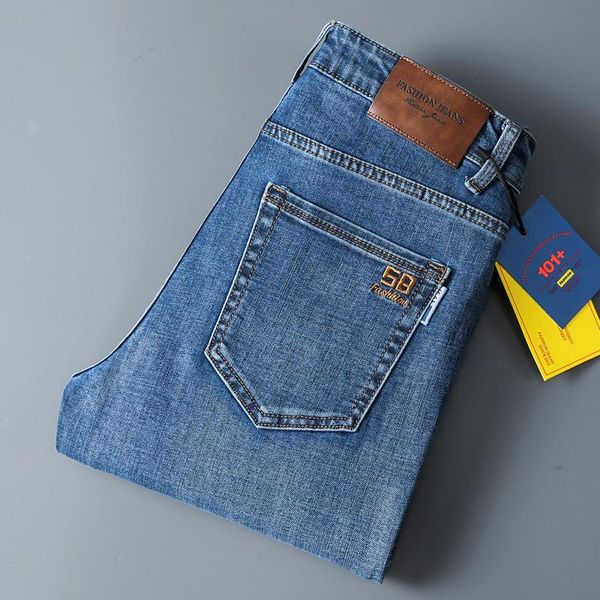 

men's jeans small feet straight spring autumn business casual stretch denim trousers male classic brand regular fit pants, Blue