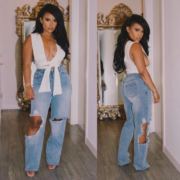 

women's jeans ripped pants women elegant casual blue holes denim straight trousers