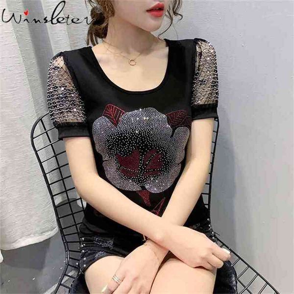 

summer korean style cotton t-shirt fashion shiny diamond women casual short sleeve bottoming shirt tees t14426a 210421, Black;gray