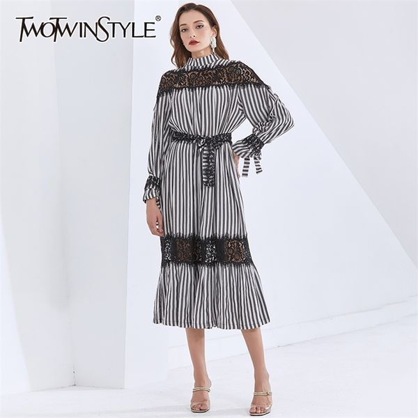 

striped hit color dress for women stand collar long sleeve patchwork lace sashes loose dresses female autumn 210520, Black;gray
