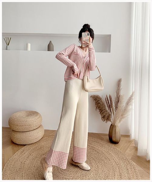 

fashion suit temperament sweater knitted womenpant wide leg casual sweet v neck two piece, White