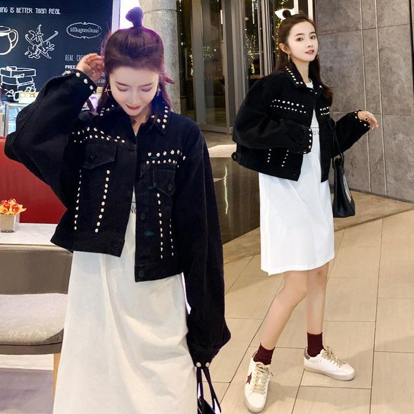 

rivet woman jacket casual oversized jean women denim jackets fashion long sleeve coat women's, Black;brown