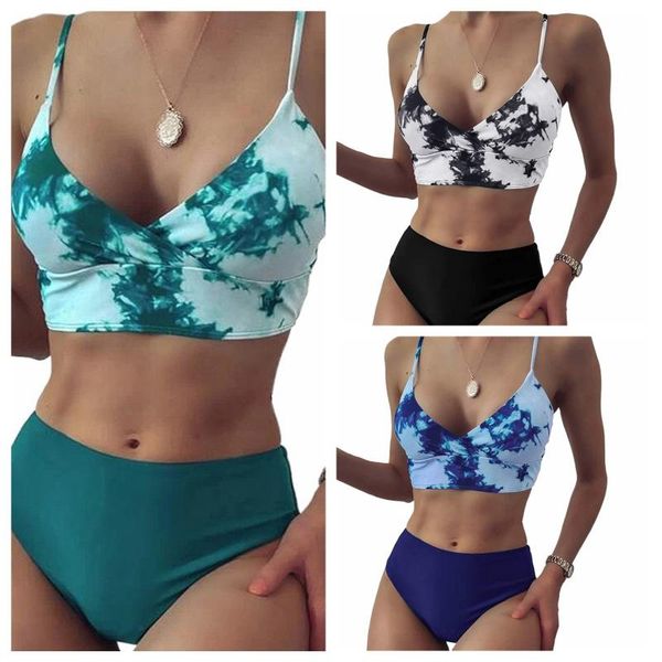 

women's swimwear women split swimsuit set, tie dye backless deep v-neck bikini + solid color panties for summer, White;black
