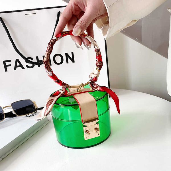 

2021 women's fashion acrylic transparent scarv cylindrical hand lock makeup dinner bag