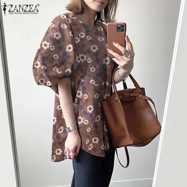 

women's blouses & shirts summer zanzea 2021 kaftan printed casual puff sleeve blusas female floral tunic oversize chemise, White