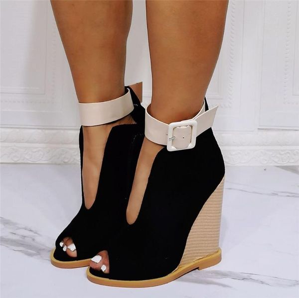 

dress shoes 2022 women wood high heels sandals platform wedges ankle strap height increase faux leather woman large size 45 47 50 52, Black