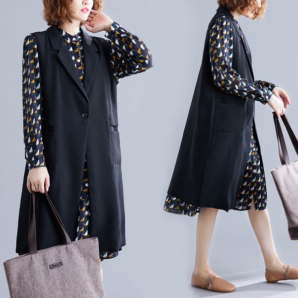 

women's suit spring loose big size a mid-length cardigan button woman's waistcoat vest with no sleeves blazer r127 v1a8, White;black
