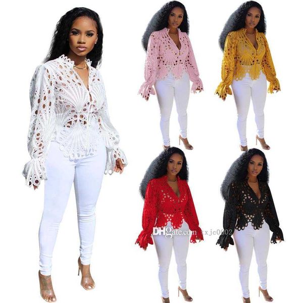 

2022 women shirts designer hollow out trumpet sleeves lace breathable blouses ladies solid color cardigan spring clothes, White