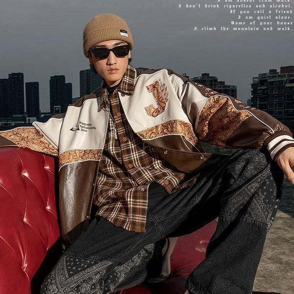 

men's jackets 2021 american trendy brand pu leather baseball uniform jacket autumn couple bomber loose casual, Black;brown