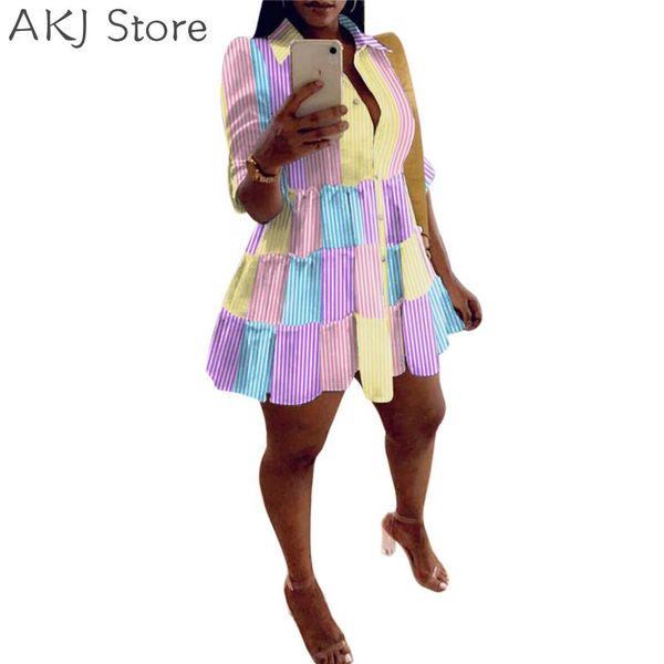 

casual dresses colorful patchwork striped print mini shirt dress, Black;gray