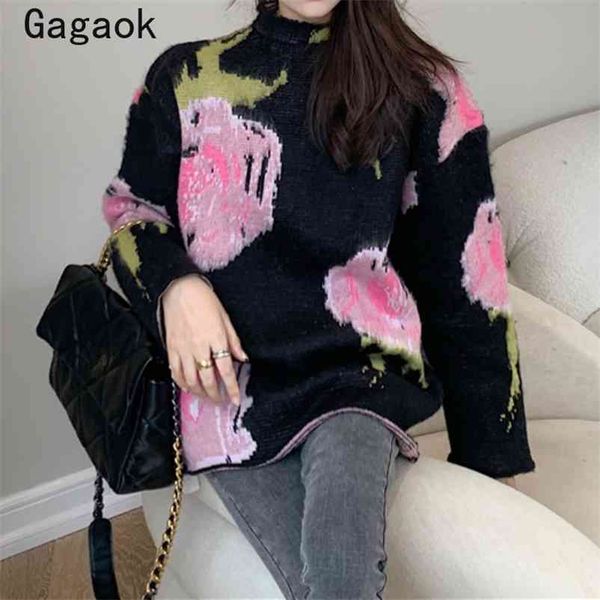 

knit streetwear sweater spring autumn o-neck floral full harajuku wild sweaters loose casual outwear pullovers 210531, White;black
