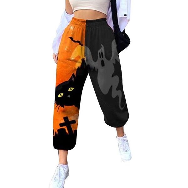 

women's leggings female polyester casual trousers halloween ghost print high elastic waist long pants for spring fall s/m/l, Black