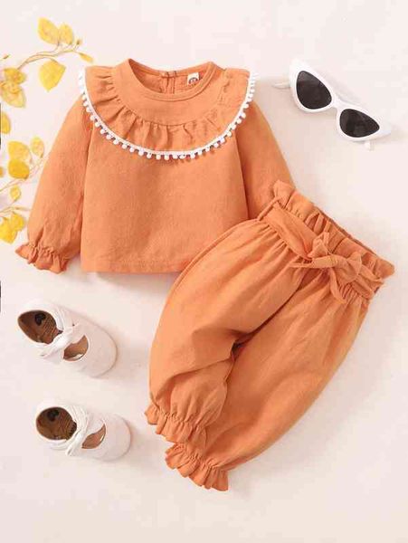 Baby Contrast Pompom Trim Top Paper Bag Bage Талия Брюки, она