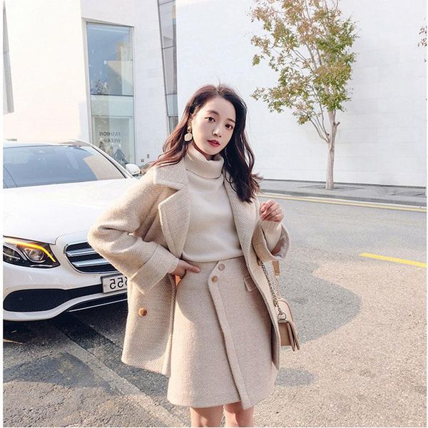 

two piece dress 2021 winter fall women fashion korea style set thick wool coat solid color middle long office lady sleeve coat+skirt suits, White