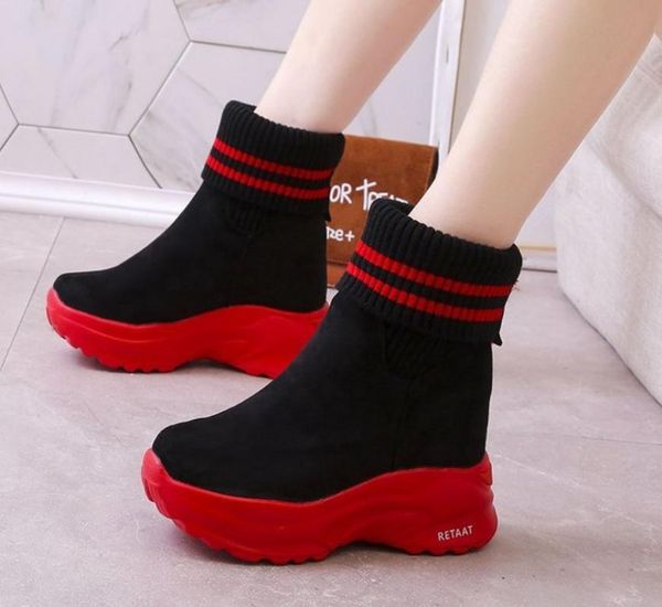 

boots 2021 breathable casual shoes winter women ankle wedge warm leather sneakers snow for woman, Black